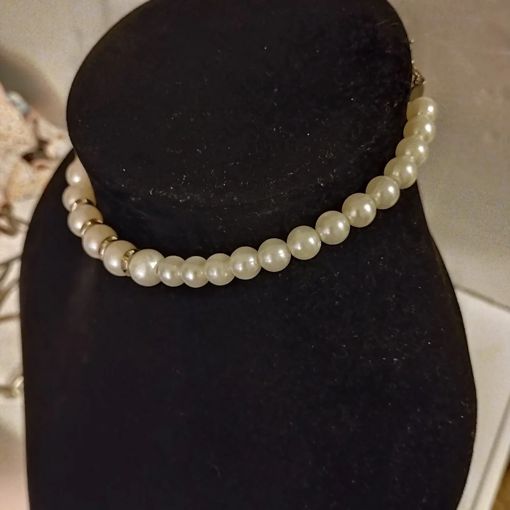 Elegant Faux Pearl Necklace with Silver Accents and Rhinestones Length 6' Girls'